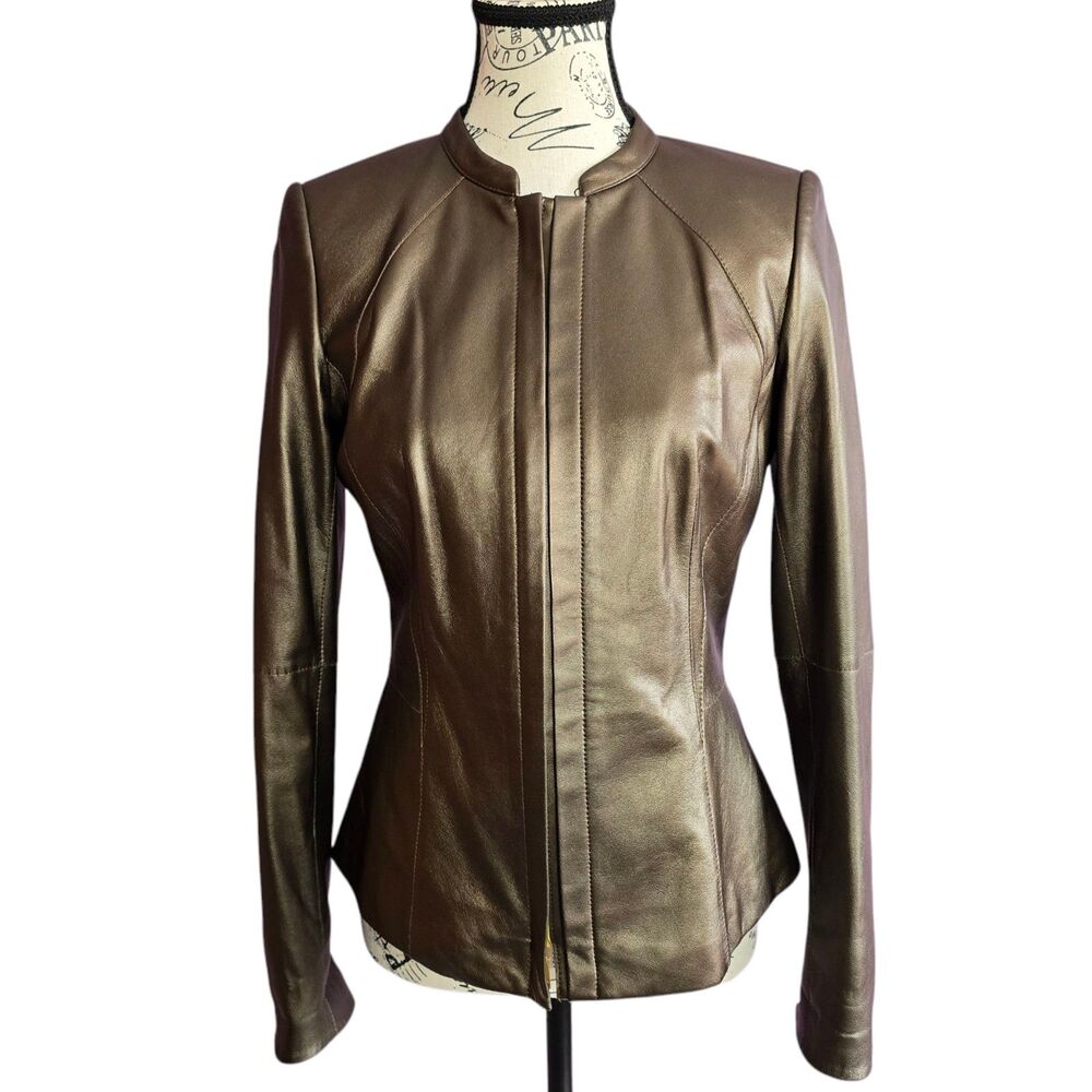 Lafayette 148 New York genuine leather brown full zip jacket blazer Sz4 - Picture 1 of 11